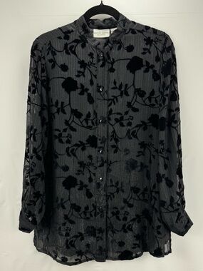 Jaclyn Smith Black Silk Semi Sheer Velvet Burnout Floral Button-Front Blouse